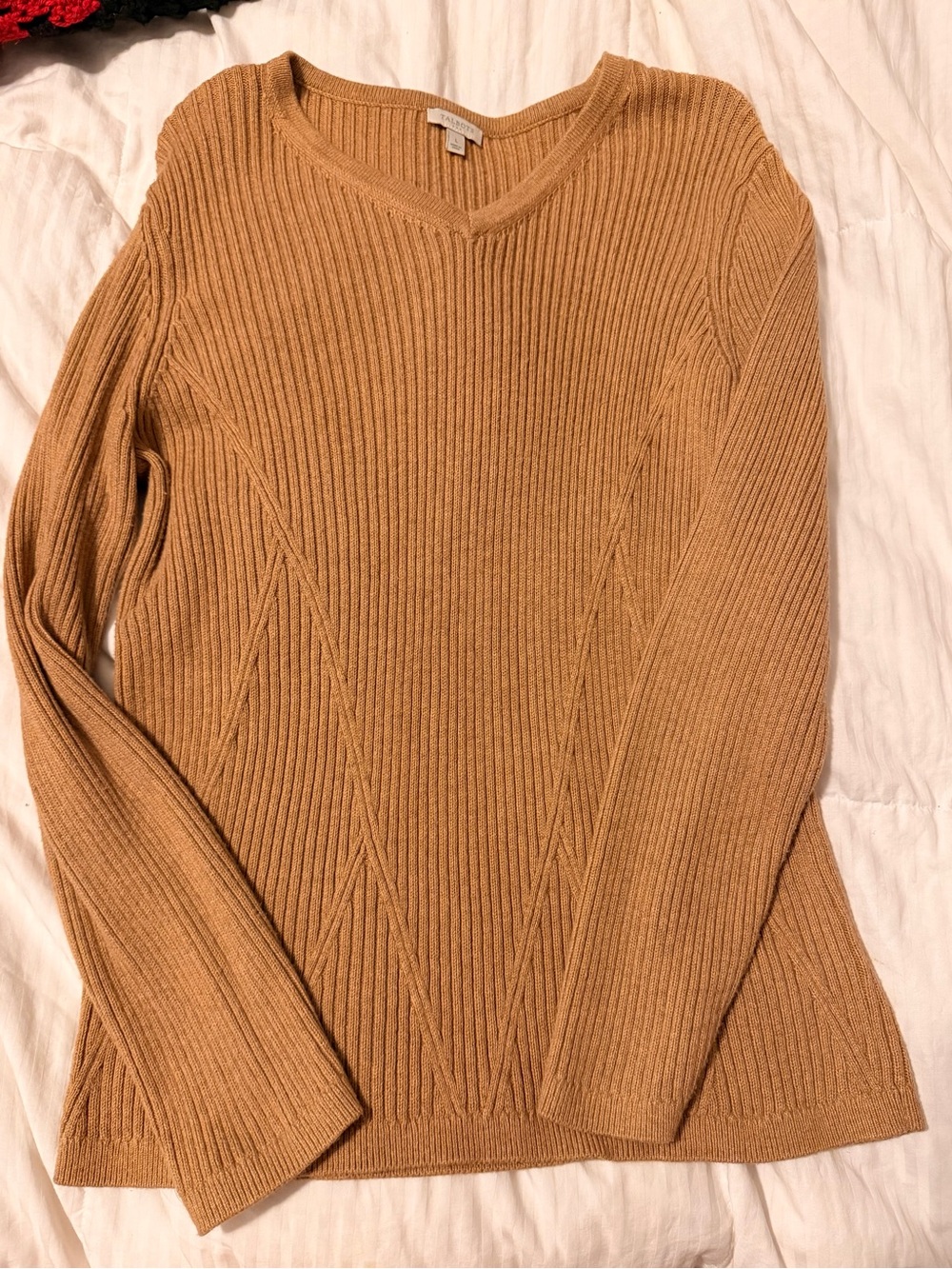 Talbots Ribbed V-Neck Sweater in Camel Brown